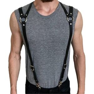 Black Leather Top Shoulder Suspenders Harness Belt BDSM Slave Fetish Bondage NWT